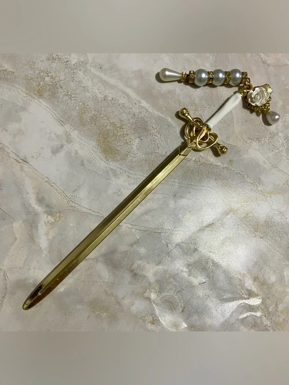 Hand Crafted Gold and White Sword Hair Stick with Pearl and Rose Charms